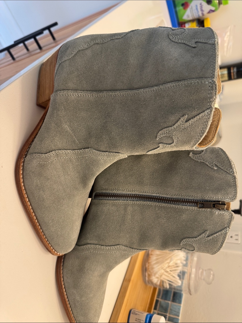Free People Sage Green Suede Western Zip Ankle Boots